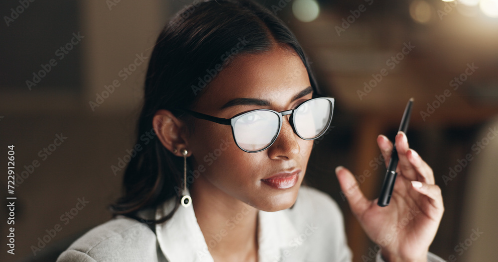 Poster internet, thinking and woman in office with glasses, reflection of computer with planning and thinki