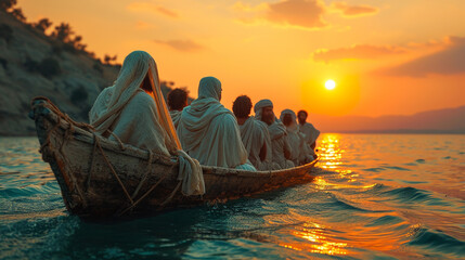 Jesus Christ with his disciples in a boat on the lake. Christian religious photo for church...