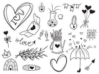 Collection of lovely symbols of Saint Valentines day - hearts, arrow, love potion with cork, wood stick with bow and ribbon, flowers in the kettle, gift, branch with leaves, flying envelope, cupid.