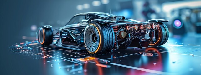 futuristic electric sport fast car chassis and battery packs with high performance or future EV fatory production and prototype showcase concepts as wide banner with copy space, Generative AI