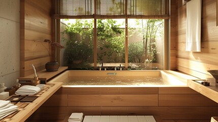 A traditional Japanese soaking tub bathroom with wooden elements and tranquil natural decor.