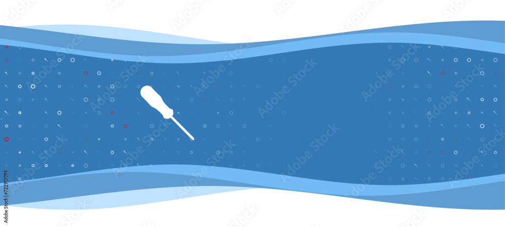 Poster blue wavy banner with a white a screwdriver symbol on the left. on the background there are small wh