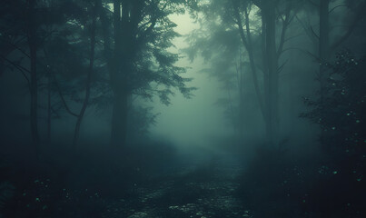 Fototapeta premium Foggy dark forest path horror melancholic background.Generative AI