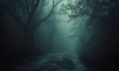Foggy dark forest path horror melancholic background.Generative AI - obrazy, fototapety, plakaty