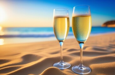 Obraz premium Two glasses of champagne on the beach