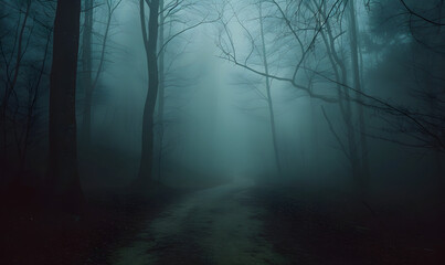 Obraz premium Foggy dark forest path horror melancholic background.Generative AI