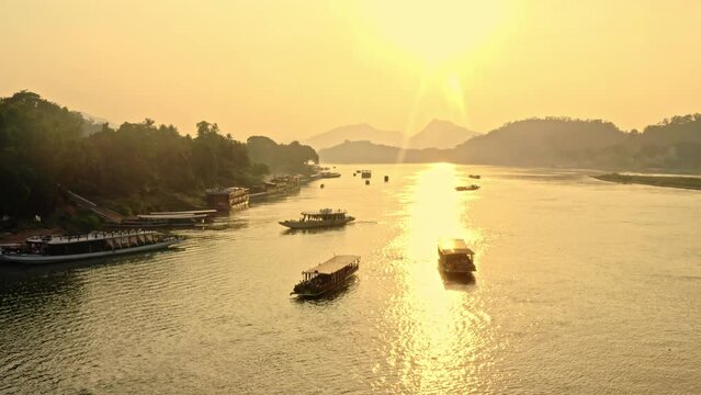 Drone aerial view of Luang Prabang along the Mekong river.
