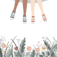 Doodle flowers and girl friends legs in sneakers. Spring or Summer friendship background for banner, poster, card, invitation. Vector illustration
