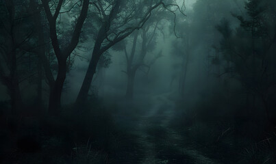 Foggy dark forest path horror melancholic background.Generative AI - obrazy, fototapety, plakaty