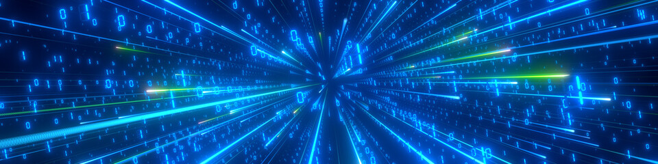 Information flow. Zeros and ones radiating from the center. Abstract background in blue and green neon glow color. Concept of digital data flow, 5G wireless transmission, AI, ML and neural network.