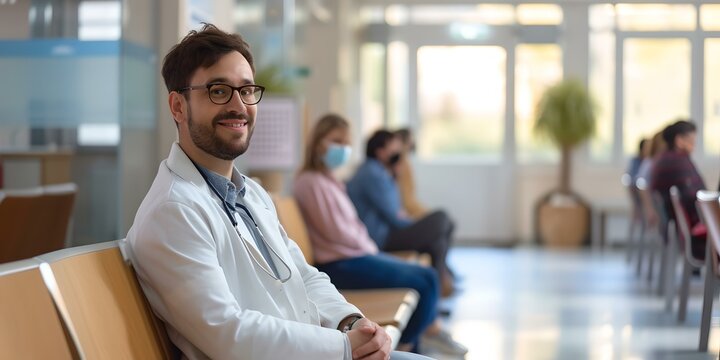 Professional doctor sitting in hospital waiting area, smiling at the camera. contemporary healthcare setting. relaxed medical staff during a break. AI