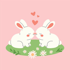 Two rabbitts in love sitting together. Romantic rodents couple on the grass with chamomiles and hearts. Vector flat illustration for valentines day poster, banner, greeting card