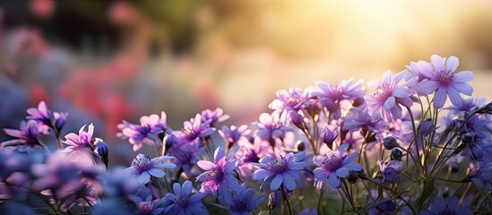 How beautifully the blue and purple flowers are blooming it looks amazing surrounded by green nature open sky and shining sun. Creative Banner. Copyspace image - Powered by Adobe