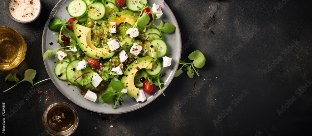 Poster Goat cheese cucumber salad with apple cider vinegar dressing Space for text top view. Creative Banner. Copyspace image
