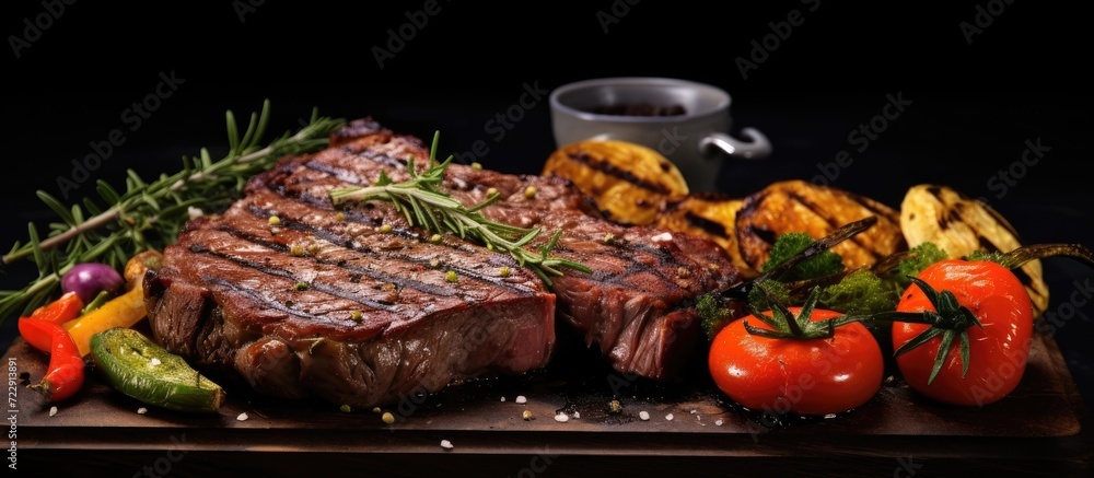 Poster fresh grilled ribeye steak with broccoli carrot and cherry tomatoes on side. creative banner. copysp