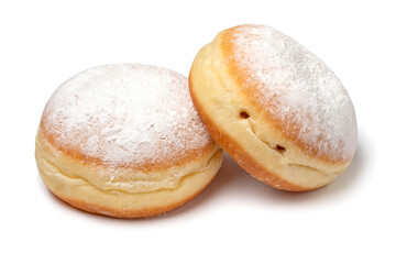  Pair of fresh baked Berliner donuts covered with white sugar close up isolated on white background