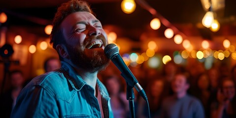 Live music performance in a cozy bar. vocalist pouring heart into song. intimate concert setting. perfect for entertainment flyers. AI