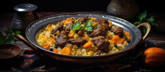Fresh cooked wedding Uzbek plov in Tashkent Uzbekistan The signature dish of Uzbekistan is cooked with rice meat carrots and onions Pilaf is a traditional food at Central Asia. Creative Banner