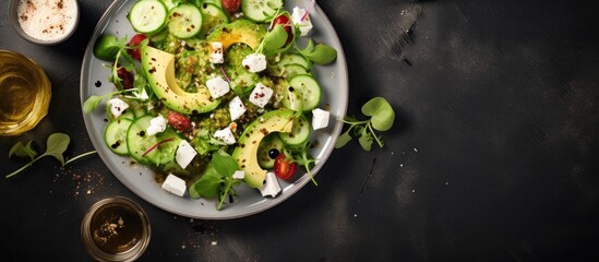 Goat cheese cucumber salad with apple cider vinegar dressing Space for text top view. Creative Banner. Copyspace image