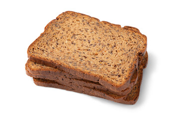 Thin slices of fresh baked brown flaxseed bread close up on white background