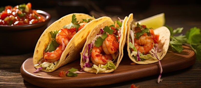 Homemade Spicy Shrimp Tacos with Coleslaw and Salsa. Creative Banner. Copyspace image