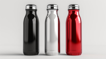 Blank metal water sports bottle mockup white black red and silver colors, white background