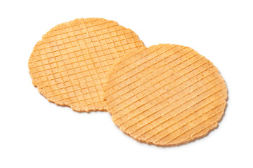 Pair of fresh homemade baked thin cheese waffles as a snack isolated on white background close up