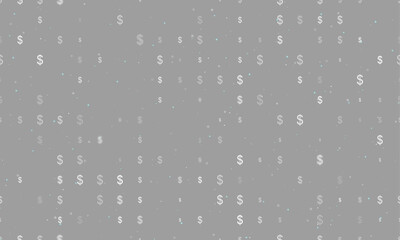 Seamless background pattern of evenly spaced white dollar symbols of different sizes and opacity. Vector illustration on grey background with stars