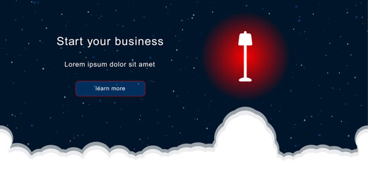 Business startup concept Landing page screen. The floor lamp symbol on the right is highlighted in bright red. Vector illustration on dark blue background with stars and curly clouds from below