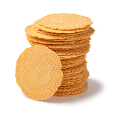Stack of fresh homemade baked thin cheese waffles isolated on white background close up