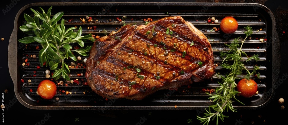 Poster grilled marbled beef steak striploin with spices in a grill pan place for text top view. creative ba