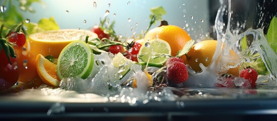 Fresh ripe vegetables and fruits from the organic farm are washed with running water in the dishwasher. Creative Banner. Copyspace image - obrazy, fototapety, plakaty