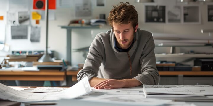 Focused architect reviewing blueprints on a worktable. professional setting. concentrated, creative office atmosphere. modern workspace. AI