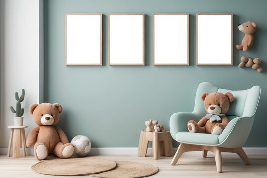 scandinavian kid room interior with toys, mint armchair, furniture, decoration and child accessories, mock up poster frame