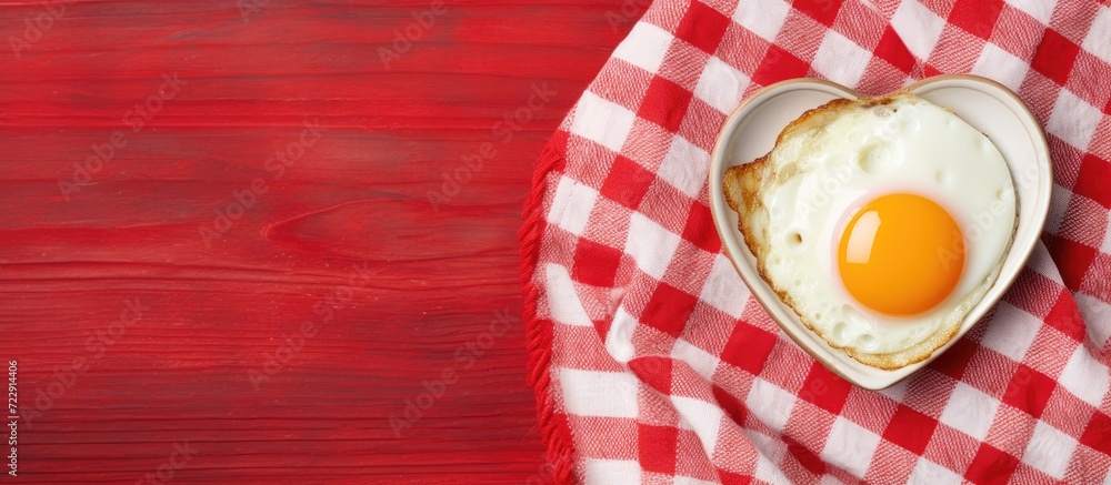 Poster fried egg in heart shape on vintage tablecloth breakfast for a loved one. creative banner. copyspace