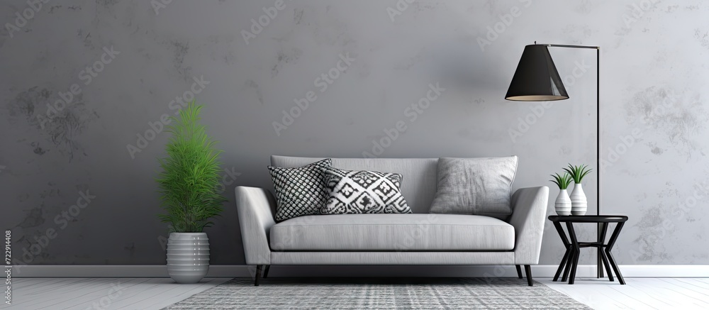 Poster grey living room with sofa chair standing lamp small white table and black and white pattern carpet.