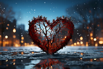 Red heart on the background of a winter night city. 3d rendering