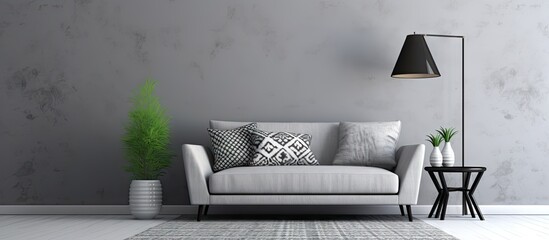 Grey living room with sofa chair standing lamp small white table and black and white pattern carpet. Creative Banner. Copyspace image - obrazy, fototapety, plakaty