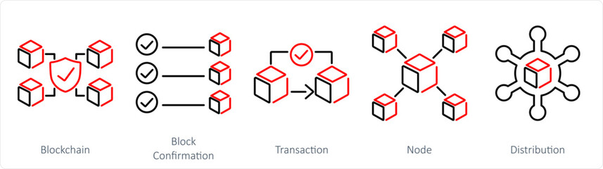 A set of 5 Blockchain icons as blockchain, block confirmation, transaction