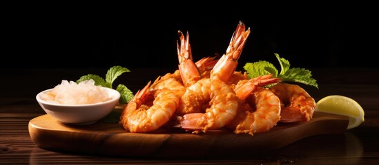 Fried Organic Coconut Shrimp with Cocktail Sauce. Creative Banner. Copyspace image