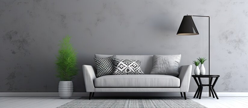 Grey living room with sofa chair standing lamp small white table and black and white pattern carpet. Creative Banner. Copyspace image