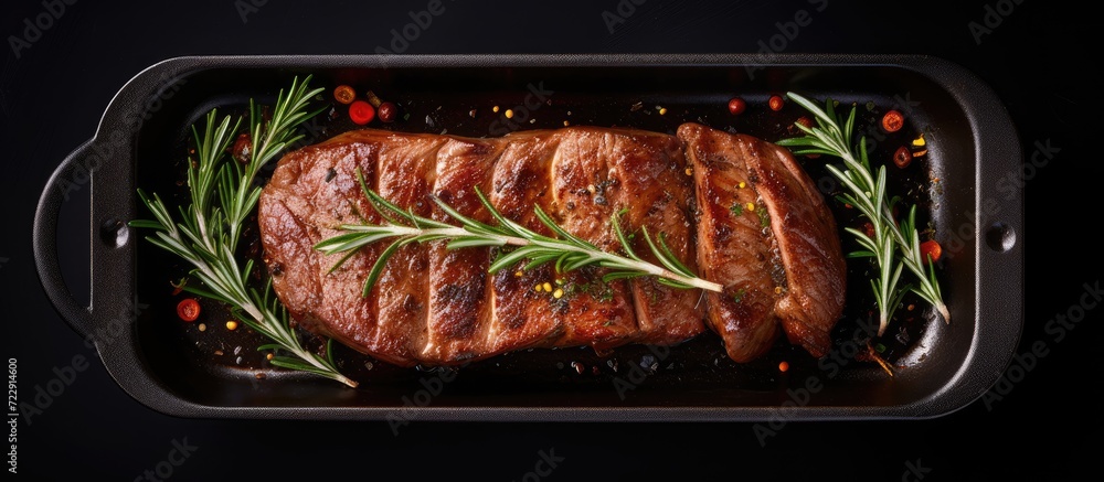 Poster grilled marbled beef steak striploin with spices in a grill pan place for text top view. creative ba