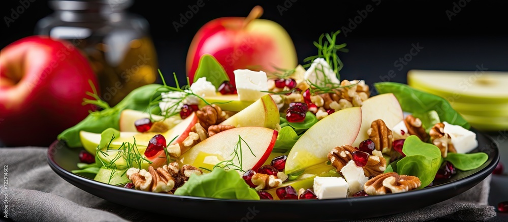 Poster homemade autumn apple walnut spinach salad with cheese and cranberries. creative banner. copyspace i