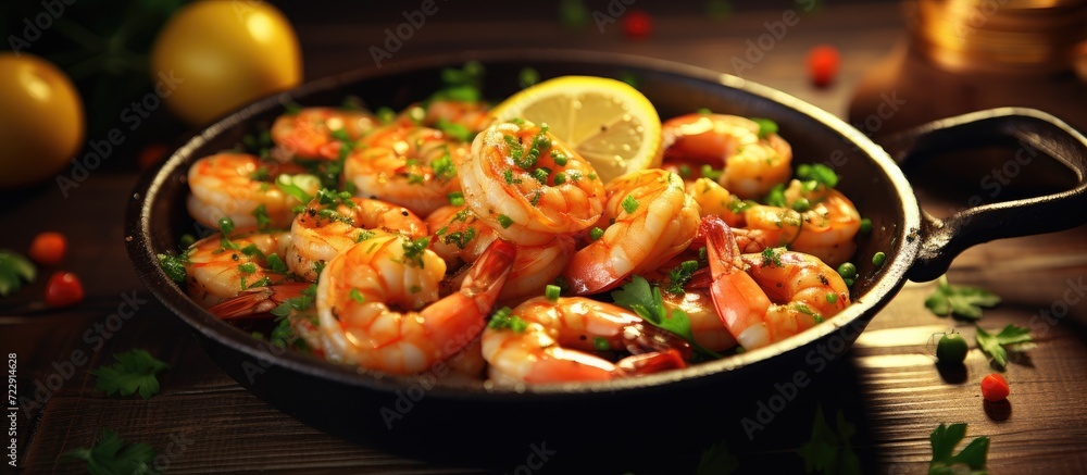 Poster homemade lemon shrimp scampi with garlic and parsley. creative banner. copyspace image