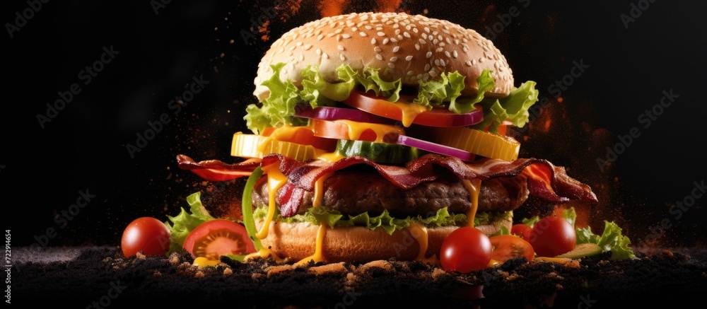 Poster gourmet bacon cheeseburger with lettuce and tomato. creative banner. copyspace image