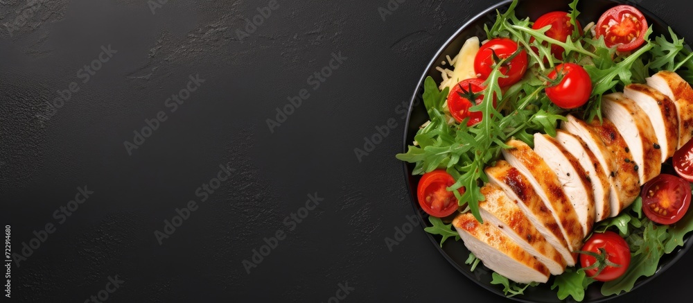 Poster fresh salad with chicken breast arugula and tomato top view. creative banner. copyspace image