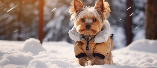 Funny cute Yorkshire Terrier dog in a warm suit overalls walking in a countryside at cold frosty winter day Doggie in warm shoes boots playing in the snow Clothes for lovely pets for walk outdo