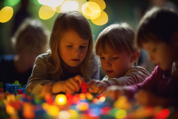 Naklejka premium Group of children playing with toys on table, morning light.