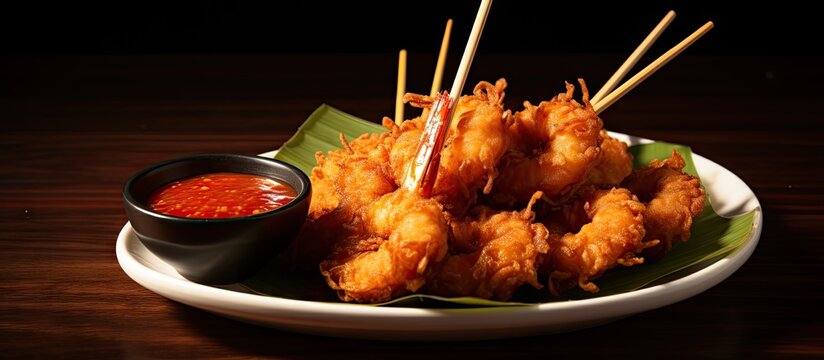 Fried coconut shrimp on a skewer with a dipping sauce. Creative Banner. Copyspace image
