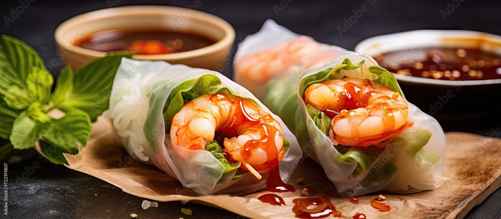 Poster fresh spring rolls with shrimp in rice paper rice paper rolls with shrimp rice noodles mango lettuce